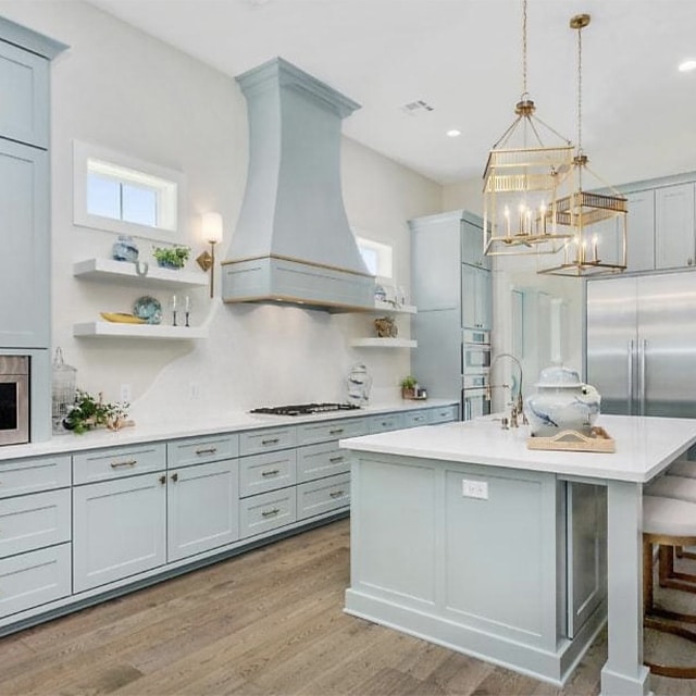 kitchen with blue cabinets